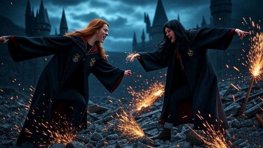 Molly Weasley confronting Bellatrix Lestrange in the Battle of Hogwarts with magical sparks.