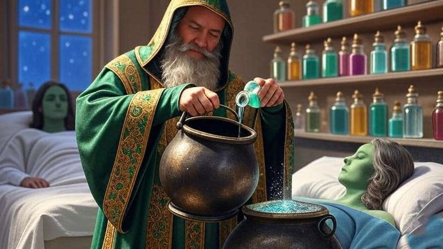 St. Mungo’s Healer preparing a glowing potion for dragon pox treatment, with a patient in a magical hospital ward. 