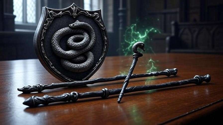 Malfoy family crest with Narcissa and Lucius’s wands crossed on a mahogany table, symbolizing their magical heritage in the Harry Potter universe.
