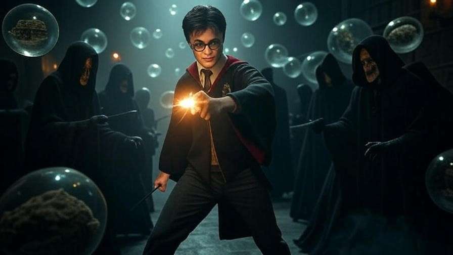 Battle in Department of Mysteries with prophecy orbs, Death Eaters, and spell-casting hero.