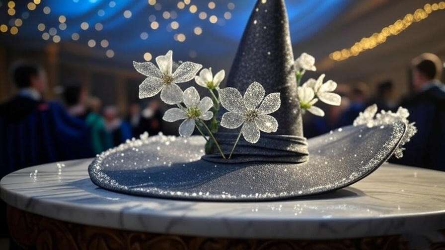 Elegant witch’s hat with conjured flowers and silver sparkles on a marble table in the Great Hall during the Yule Ball, with a starry ceiling. 