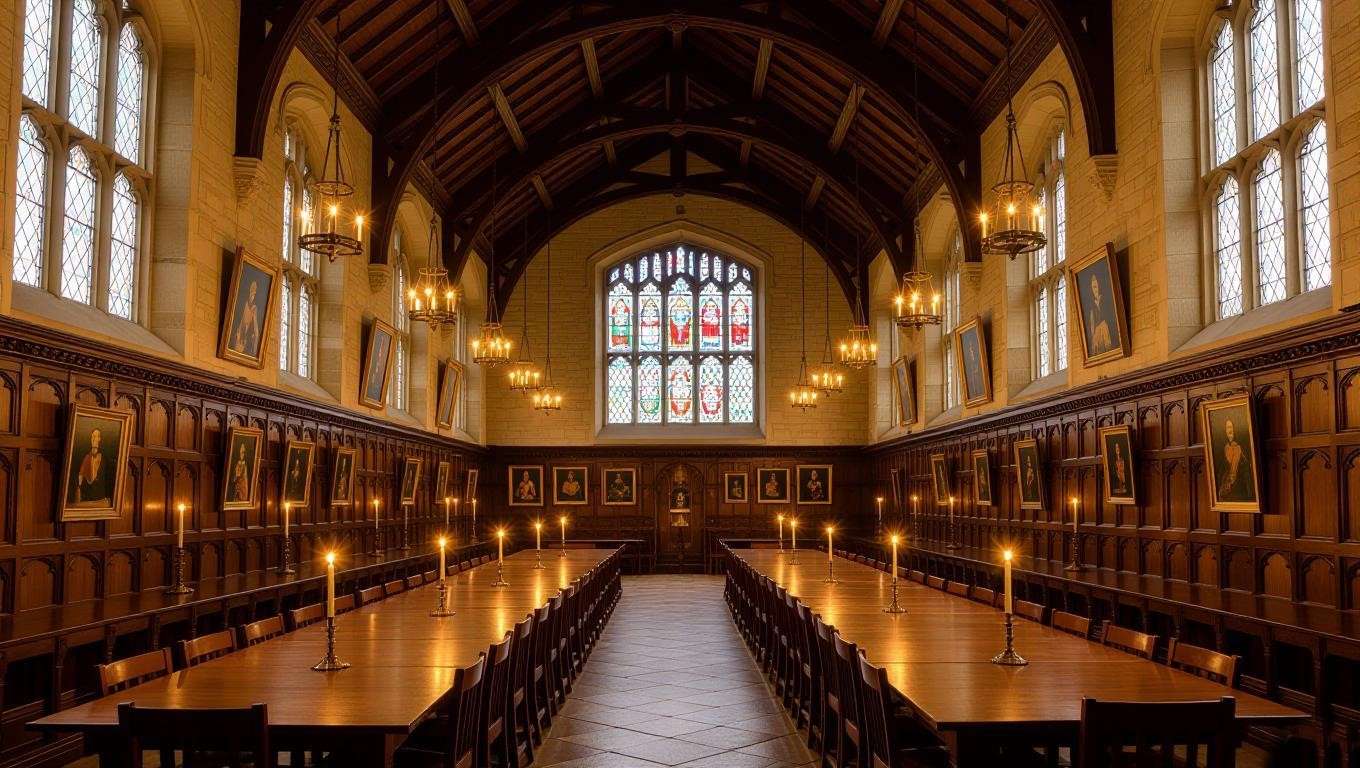 Interior of Christ Church College’s Great Hall at Oxford University, a Hogwarts-inspired dining hall with gothic architecture and stained glass.