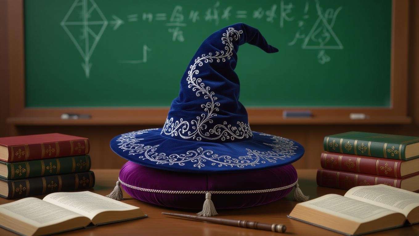 Pointed wizard’s cap with silver embroidery on a velvet cushion in a Hogwarts classroom, surrounded by spellbooks and a glowing wand. 