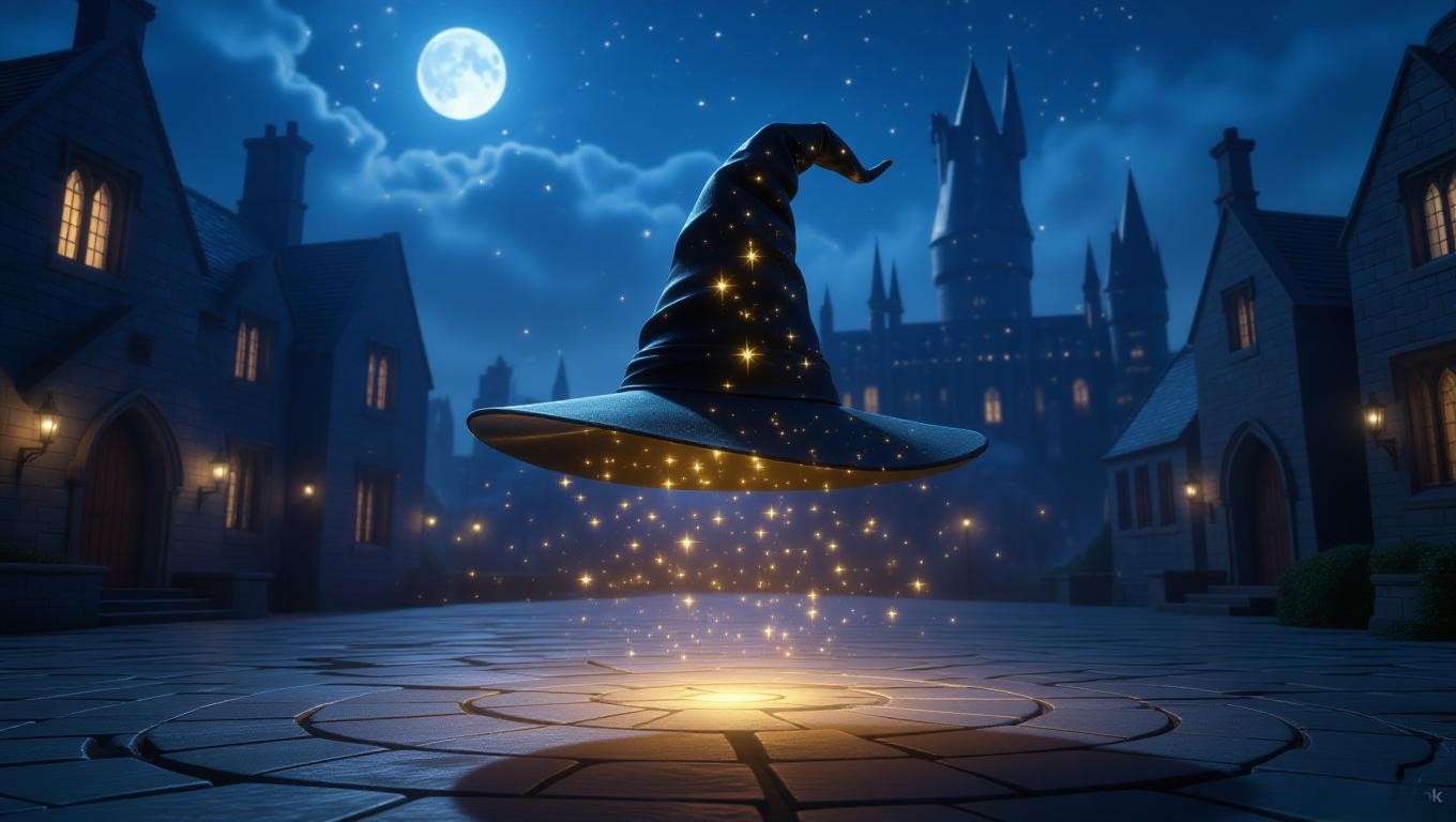 Black witch’s hat glowing with magical stars, floating in a moonlit Hogwarts courtyard with castle towers in the background. 