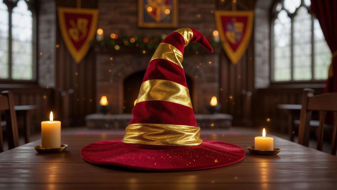 Gryffindor wizard hat with scarlet and gold stripes, sparkling magically on a table in a Hogwarts common room with a cozy fireplace. 