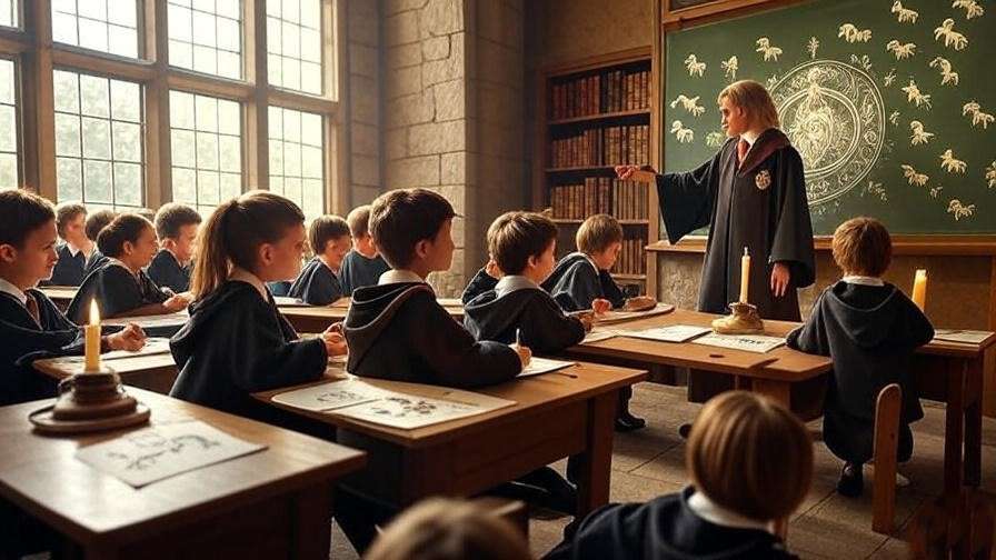 Hogwarts classroom with students learning about unicorns in magical lesson