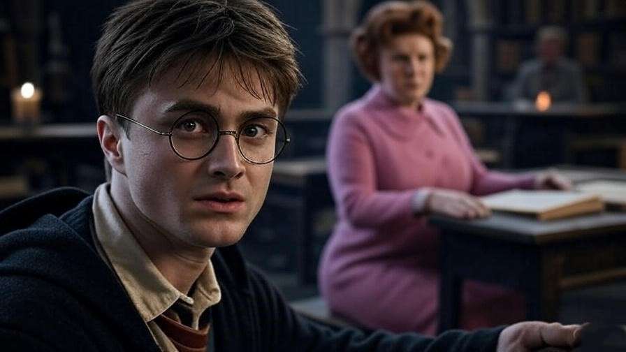 Frustrated Harry Potter in Hogwarts classroom with Umbridge in background