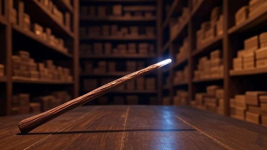 Close-up of a hawthorn wand glowing in Ollivanders' shop, symbolizing Albus Potter's magical journey.