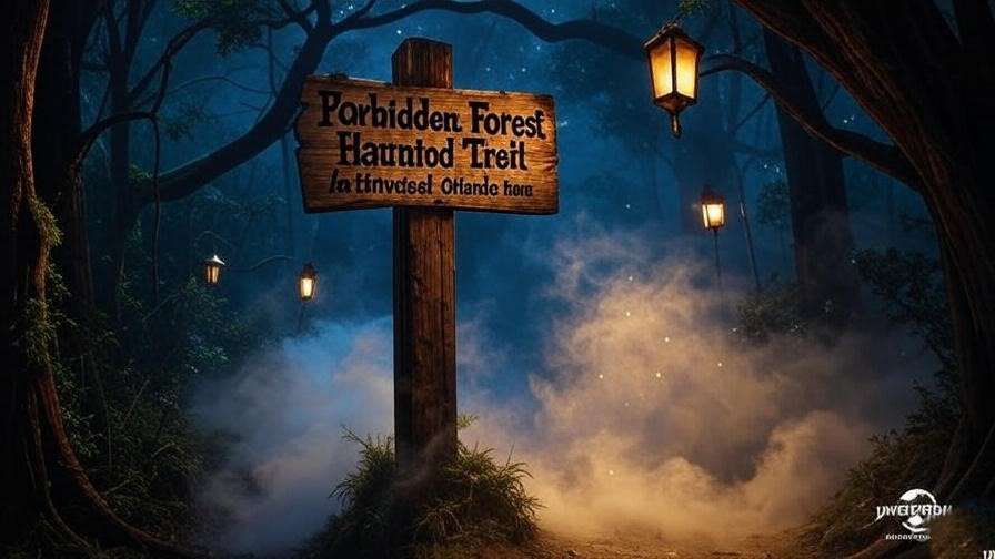 Entrance to the Forbidden Forest Haunted Trail at Universal Orlando, with foggy trees and glowing lanterns in a spooky, magical setting. 