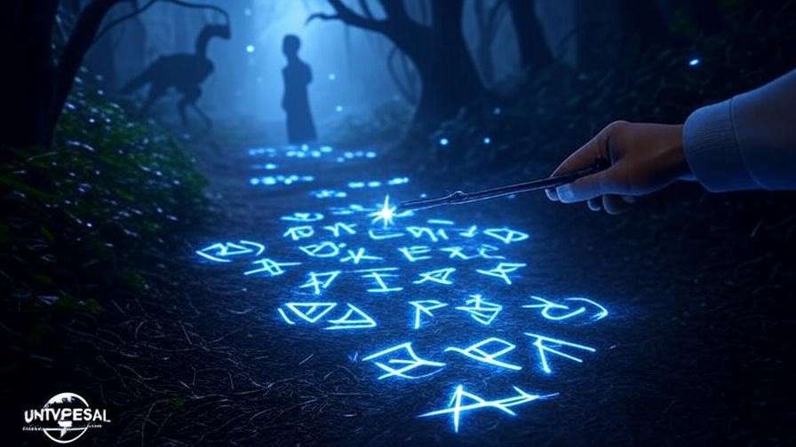 Spell-casting with an interactive wand on the Forbidden Forest Haunted Trail, glowing runes in a magical, eerie forest setting.