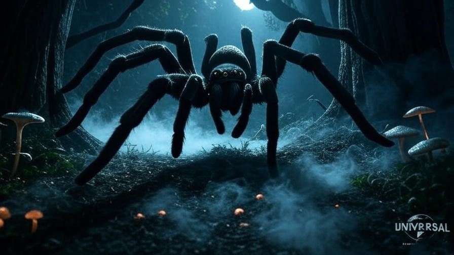 Acromantula encounter on the Forbidden Forest Haunted Trail, with a giant spider in a foggy, moonlit forest at Universal Orlando.