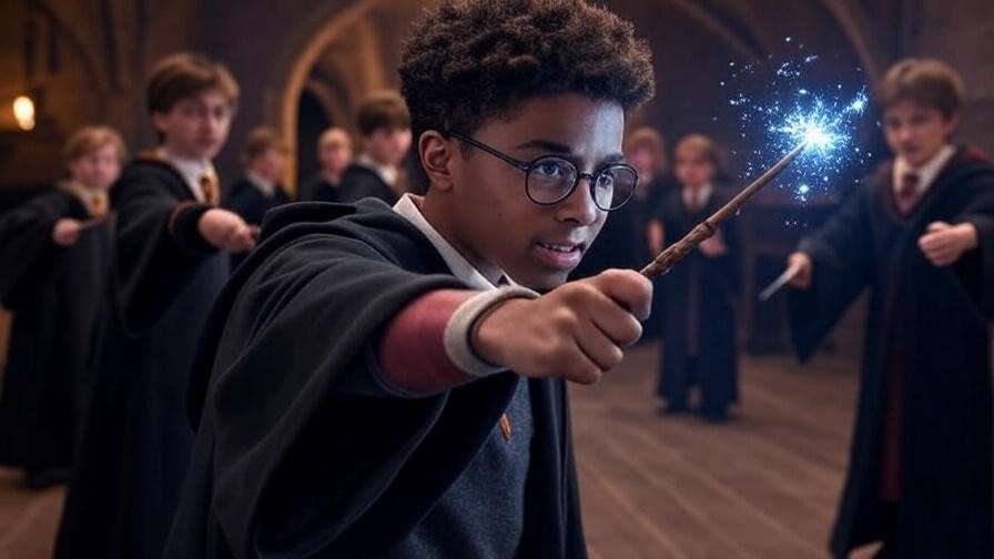 Dean Thomas casting a spell with his wand in Dumbledore’s Army training, Room of Requirement, Harry Potter