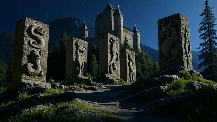 Majestic Ilvermorny Castle with house symbols under moonlight.