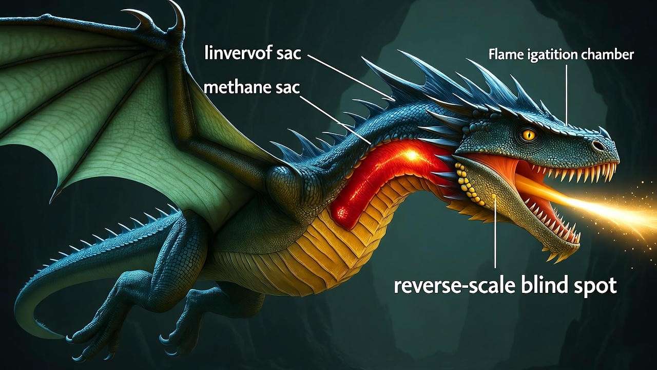 Cross-section of Hungarian Horntail showing flame sac and reverse-scale blind spot in **harry potter the dragon challenge** lore