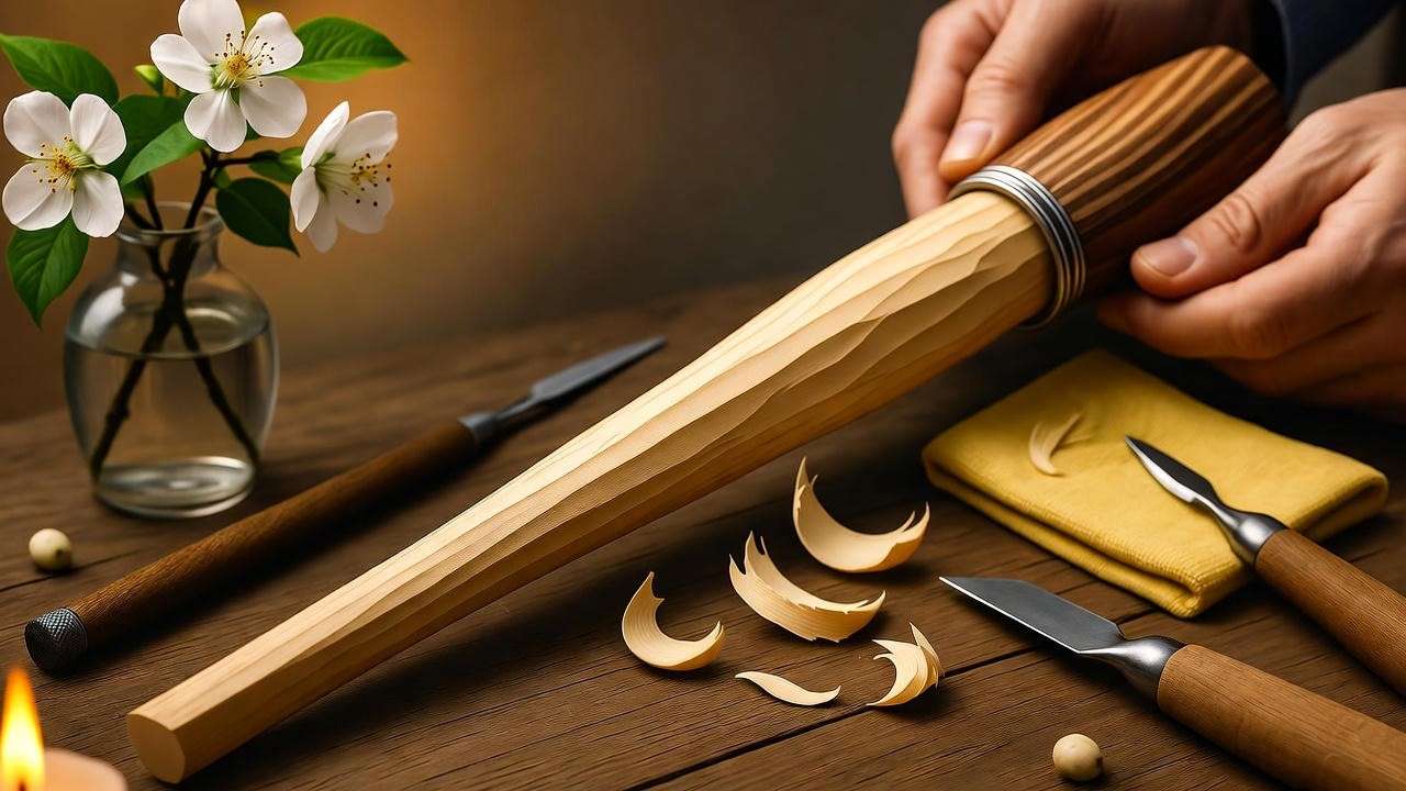 Close-up of an apple wood wand being crafted in a candlelit workshop with apple blossoms, showcasing its golden grain, in a 16:9 ratio.
