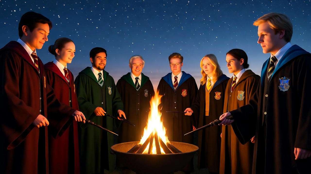 Harry Potter fan gathering in robes around fire pit, showcasing fandom, 16:9 ratio