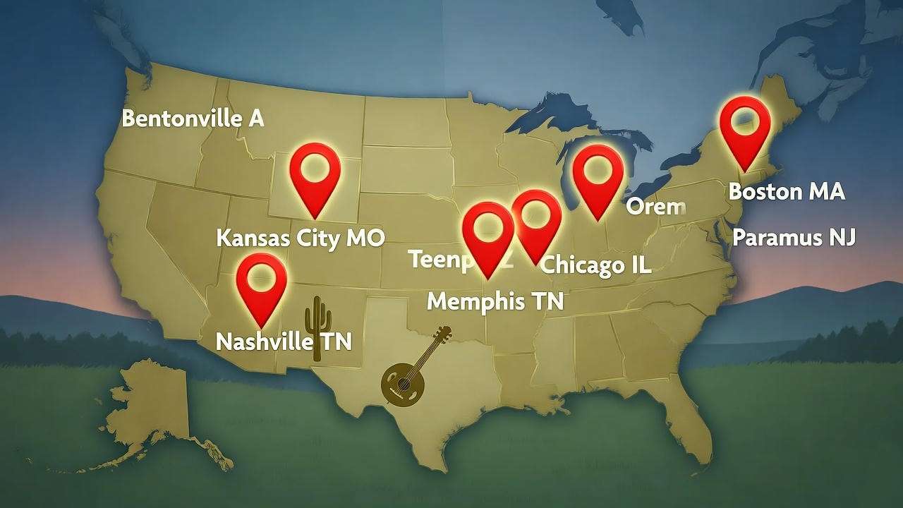 Stylized U.S. map with glowing pins marking Butterbeer Truck Tour 2025 stops, featuring magical twilight hills and wizarding icons.