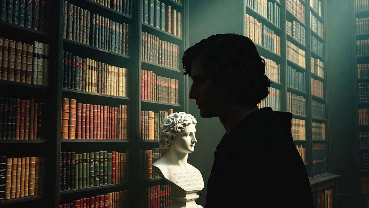 Grand library with Byronic hero and Latin inscriptions symbolizing Severus name meaning in Harry Potter.