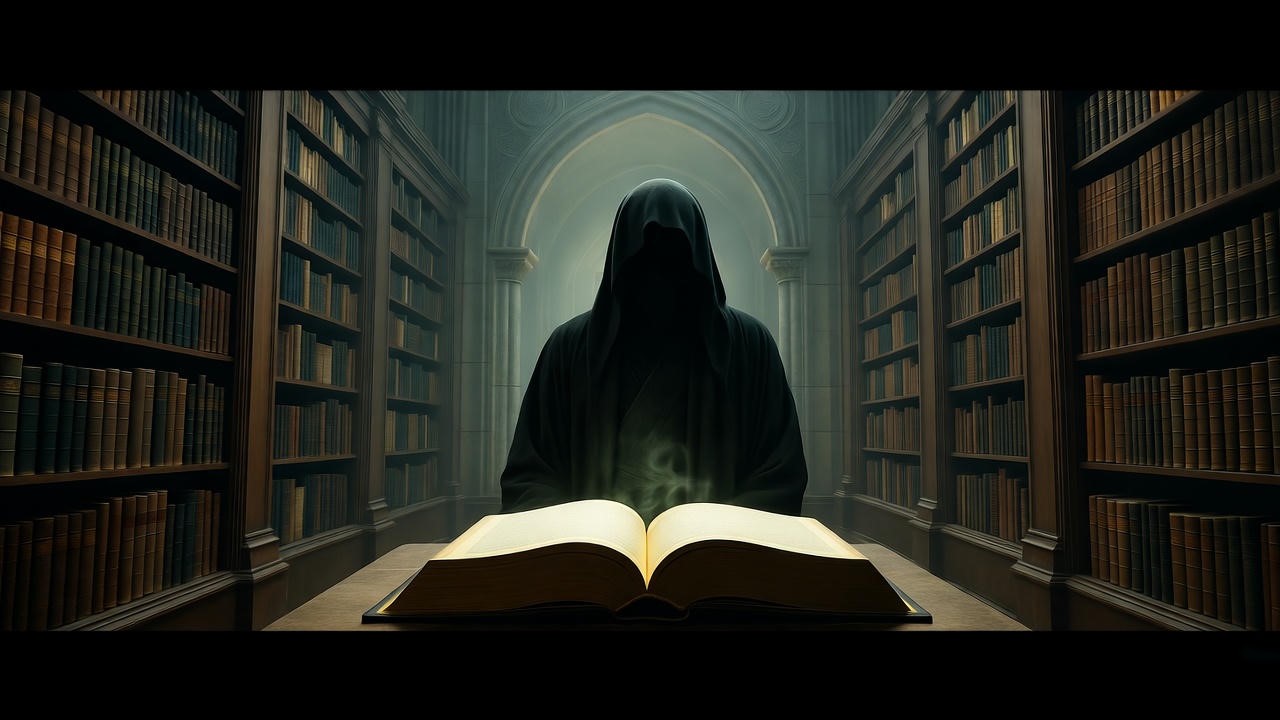 Shadowy figure studying forbidden dark magic tome in ancient wizarding library.