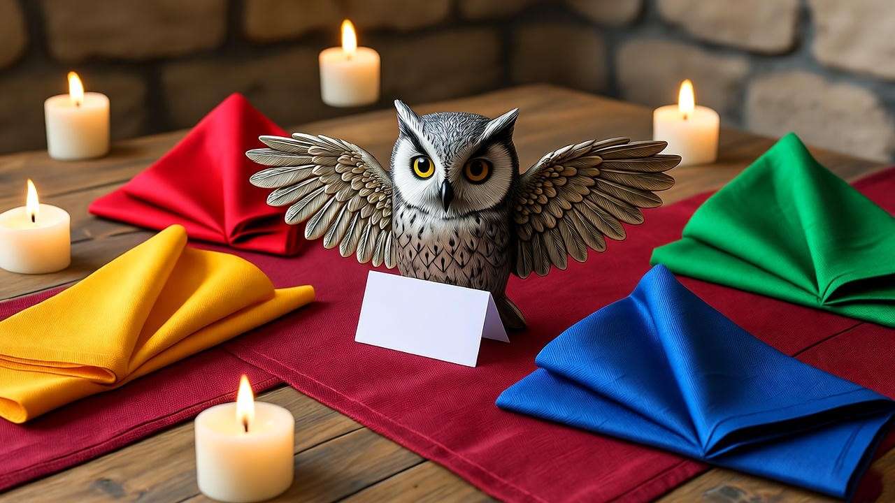 Hogwarts-inspired *Harry Potter* cream tea decor with floating candles and house-colored napkins.