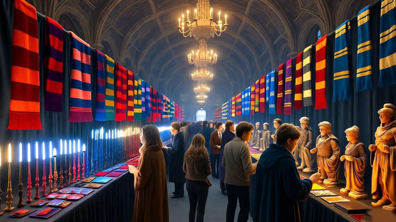 Bustling vendor hall at Harry Potter Comic Con 2025 with magical merchandise.