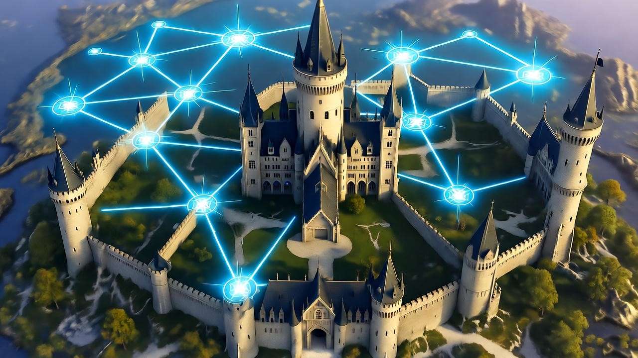 Aerial view of Hogwarts Castle with glowing magical map overlay for fans.