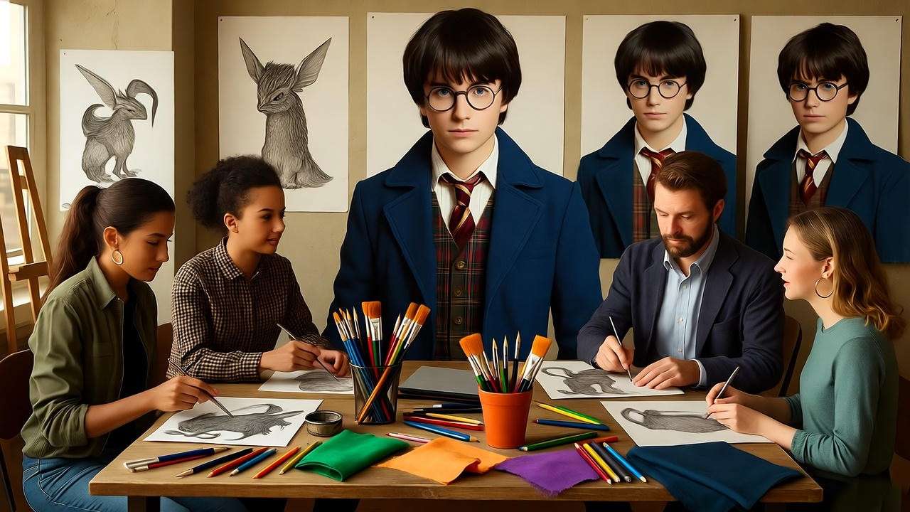 Fans creating Newt Scamander fan art and cosplay in a vibrant studio setting.