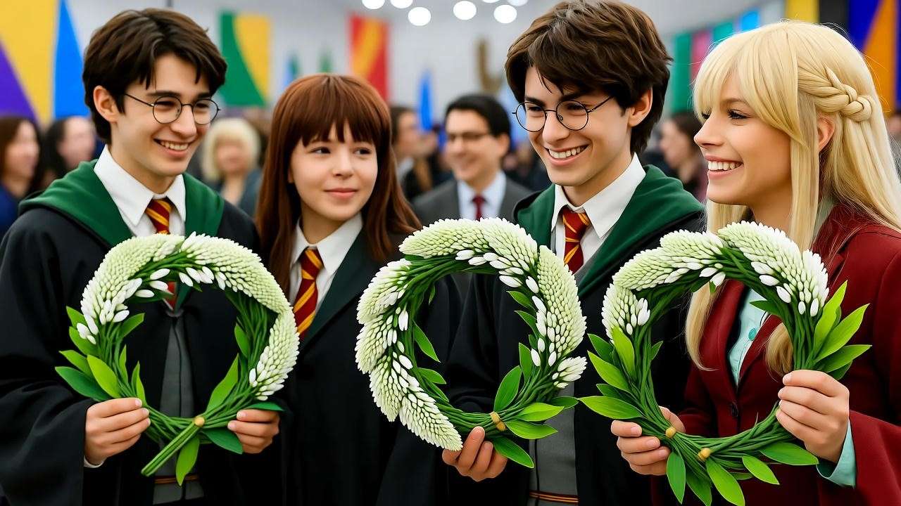 Harry Potter cosplayers with asphodel-inspired floral wreaths at a lively fan convention