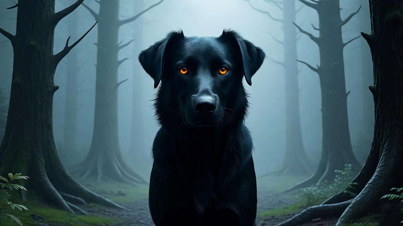Shadowy grim-like creature with glowing eyes in a moonlit forest, tied to **Black Sasha** Harry Potter mystery.