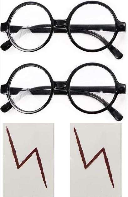 VIGUEUR 2PCS Round Wizard Glasses and 2PCS Lightning Bolt Tattoos Wizard Costume Plastic Glasses For Dress Up 