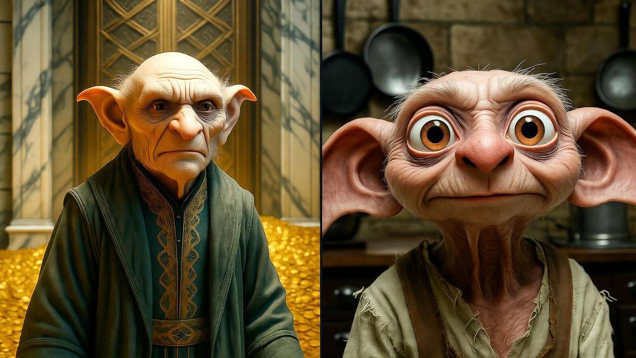 Split scene of a Gringotts goblin and a Hogwarts house-elf, comparing their roles and lifespans in the Harry Potter universe.