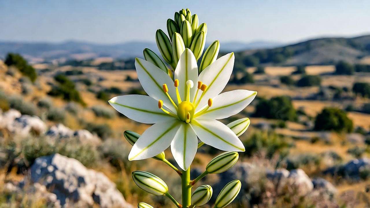 Close-up of an asphodel flower with white petals and yellow center in a Mediterranean landscape