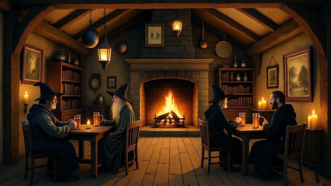 Historical interior of The Leaky Cauldron with wizards in early years.