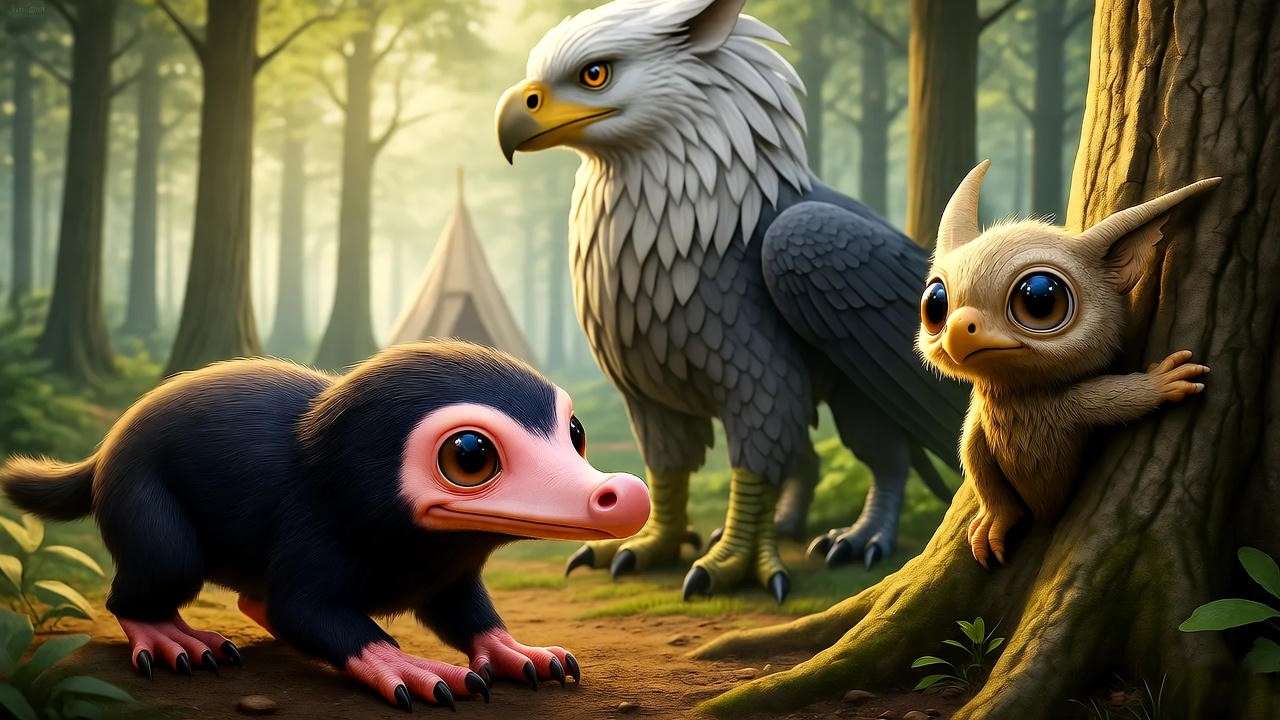 Magical creatures from Fantastic Beasts book, including Niffler, Hippogriff, and Bowtruckle in a forest setting.