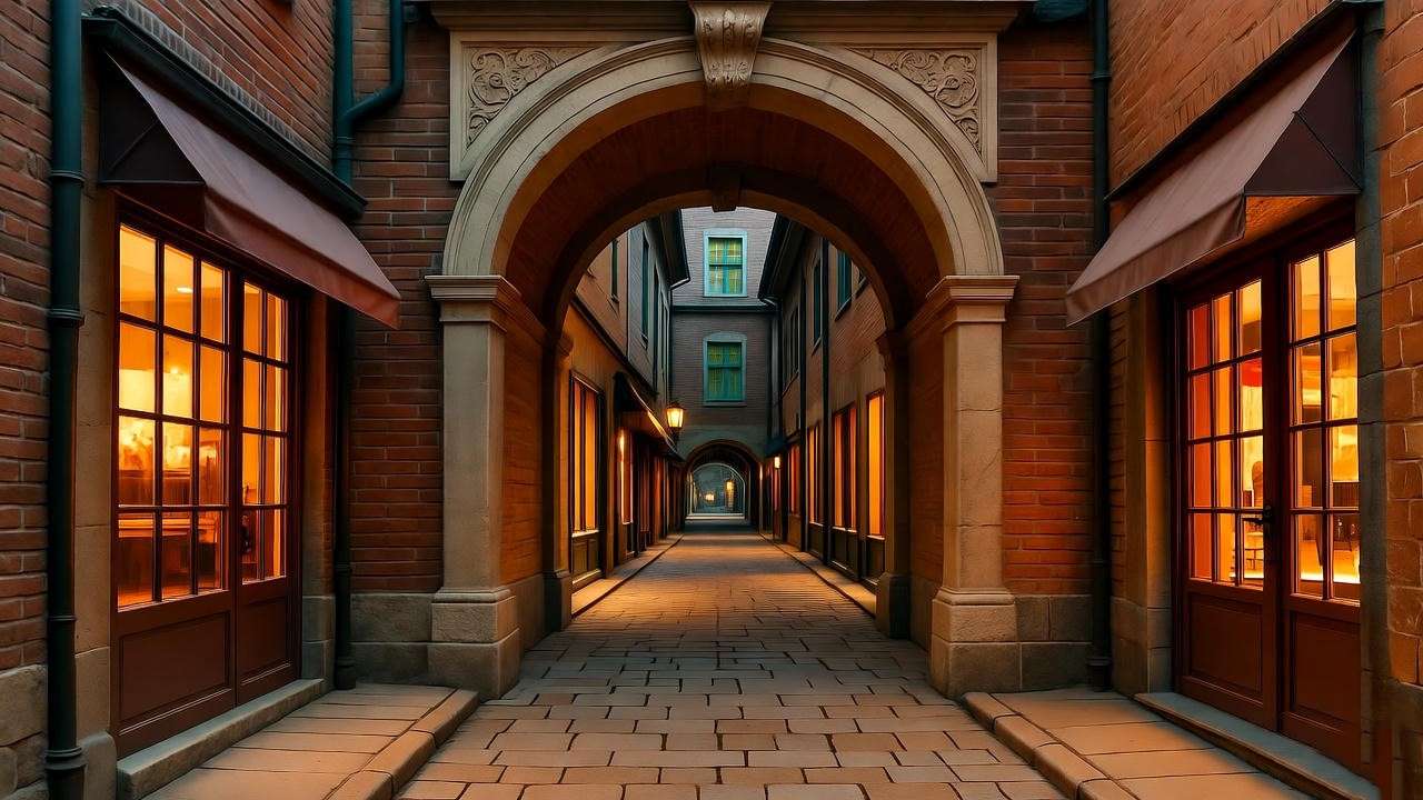 Enchanted Diagon Alley entrance with warm shop lights through brick archway