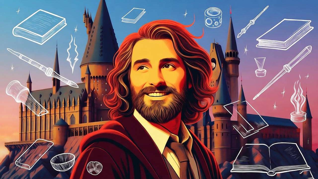 Neville Longbottom in vibrant fan art with Hogwarts backdrop and magical elements
