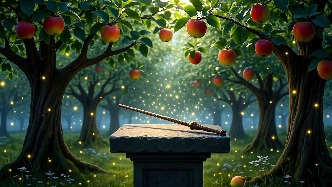 An apple wood wand on a stone altar in a Celtic grove with apple trees and fireflies, evoking wizarding history, in a 16:9 ratio.

