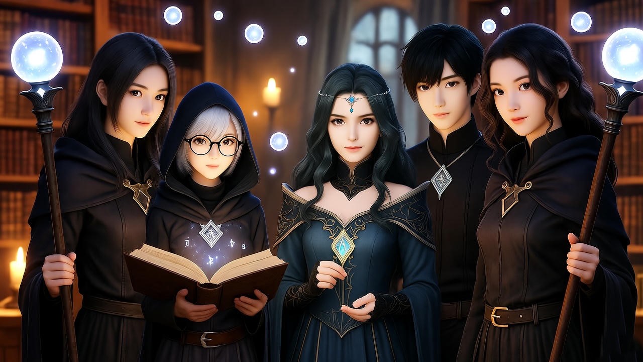 Diverse fantasy characters in a magical library with floating orbs