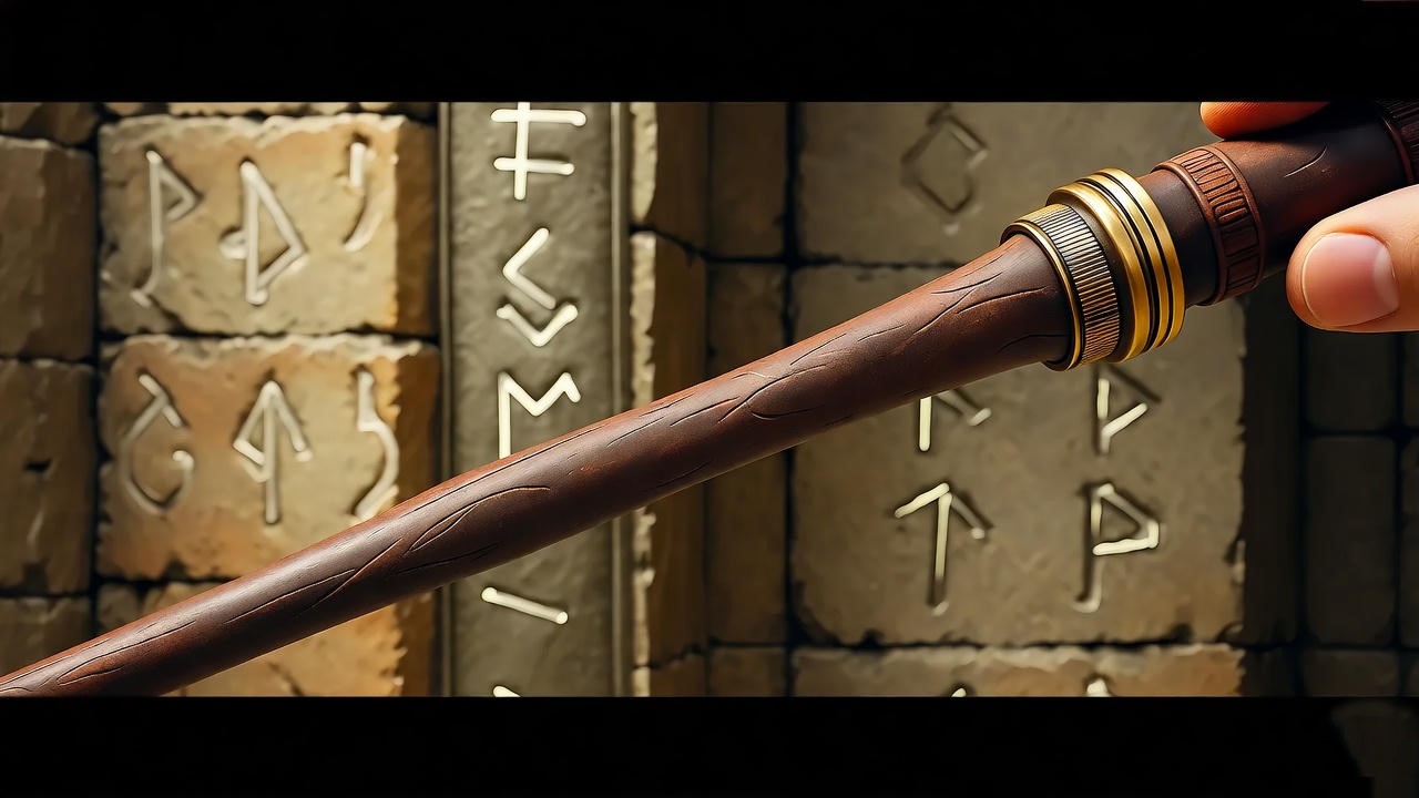 Rugged wand with Egyptian carvings in Gringotts vault, symbolizing Bill Weasley’s Curse-Breaker role.