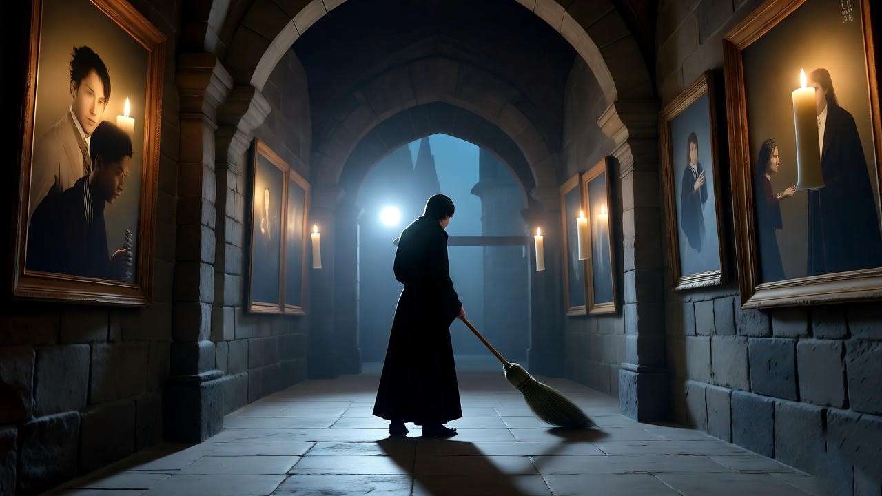 Hogwarts caretaker sweeping enchanted corridor with floating candles and moving portraits.