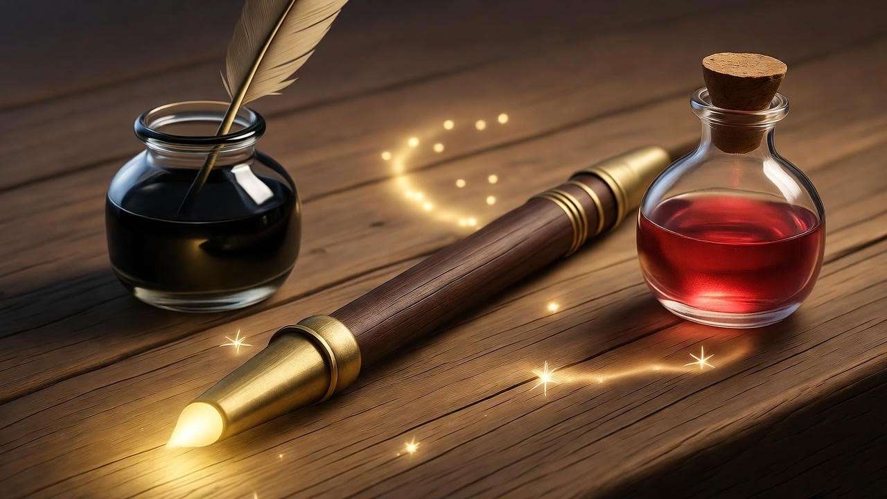 Rustic table with wand, potion bottle, and quill, symbolizing Harry Potter themed name selection process.