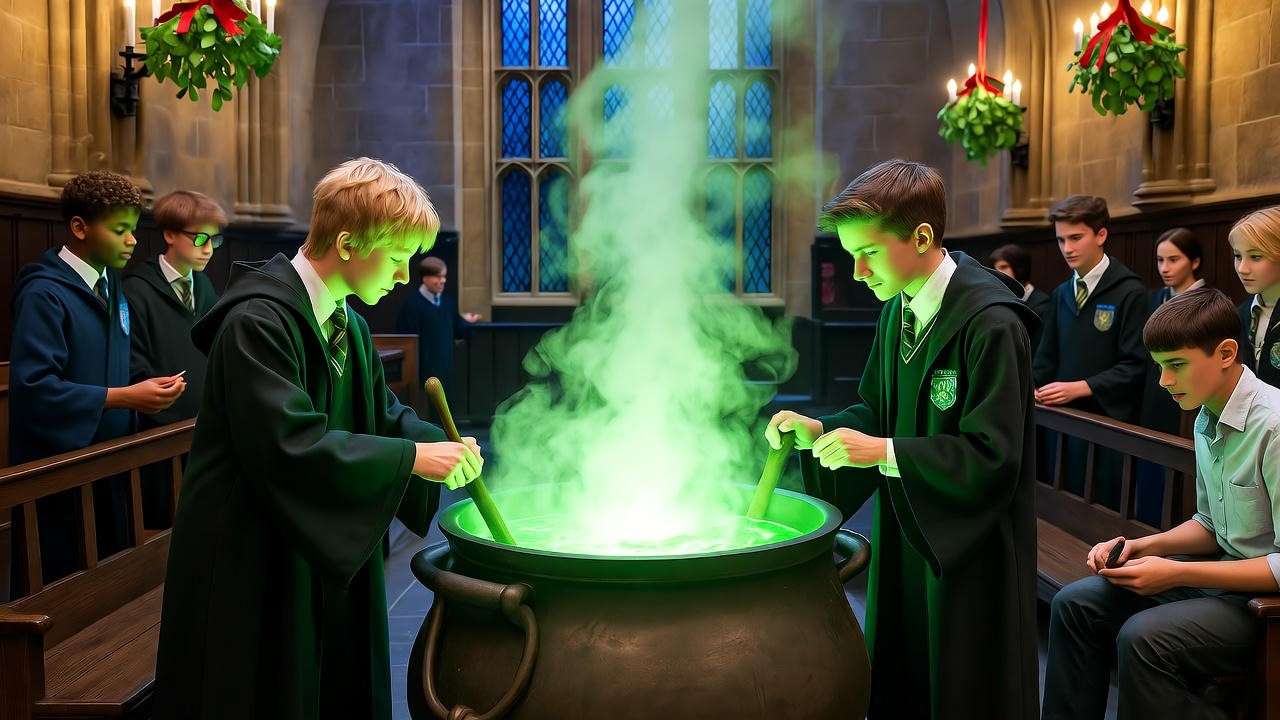 Hogwarts students using mistletoe potion to strengthen friendship in the Great Hall.