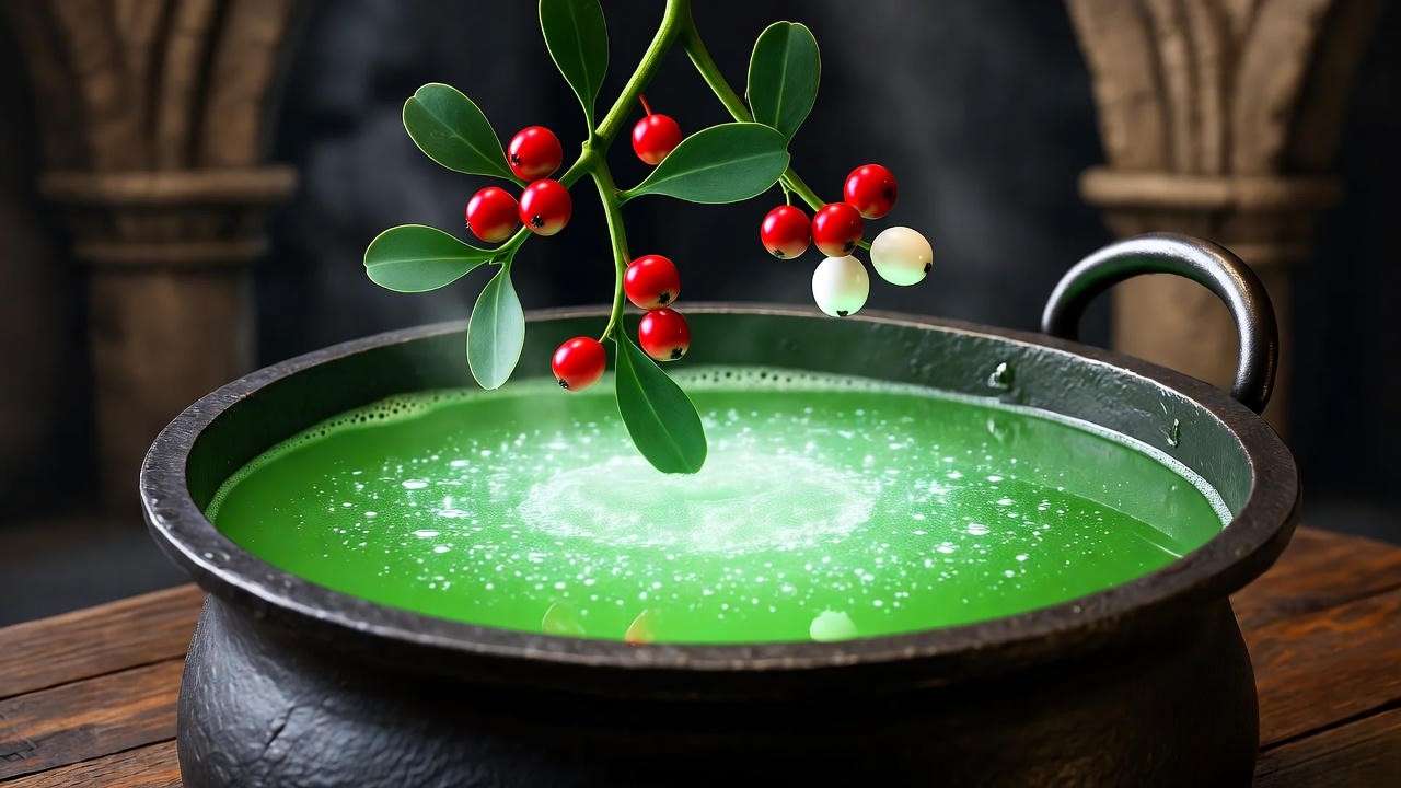 Magical mistletoe potion brewing in a Hogwarts dungeon cauldron with berries and moonstone powder.