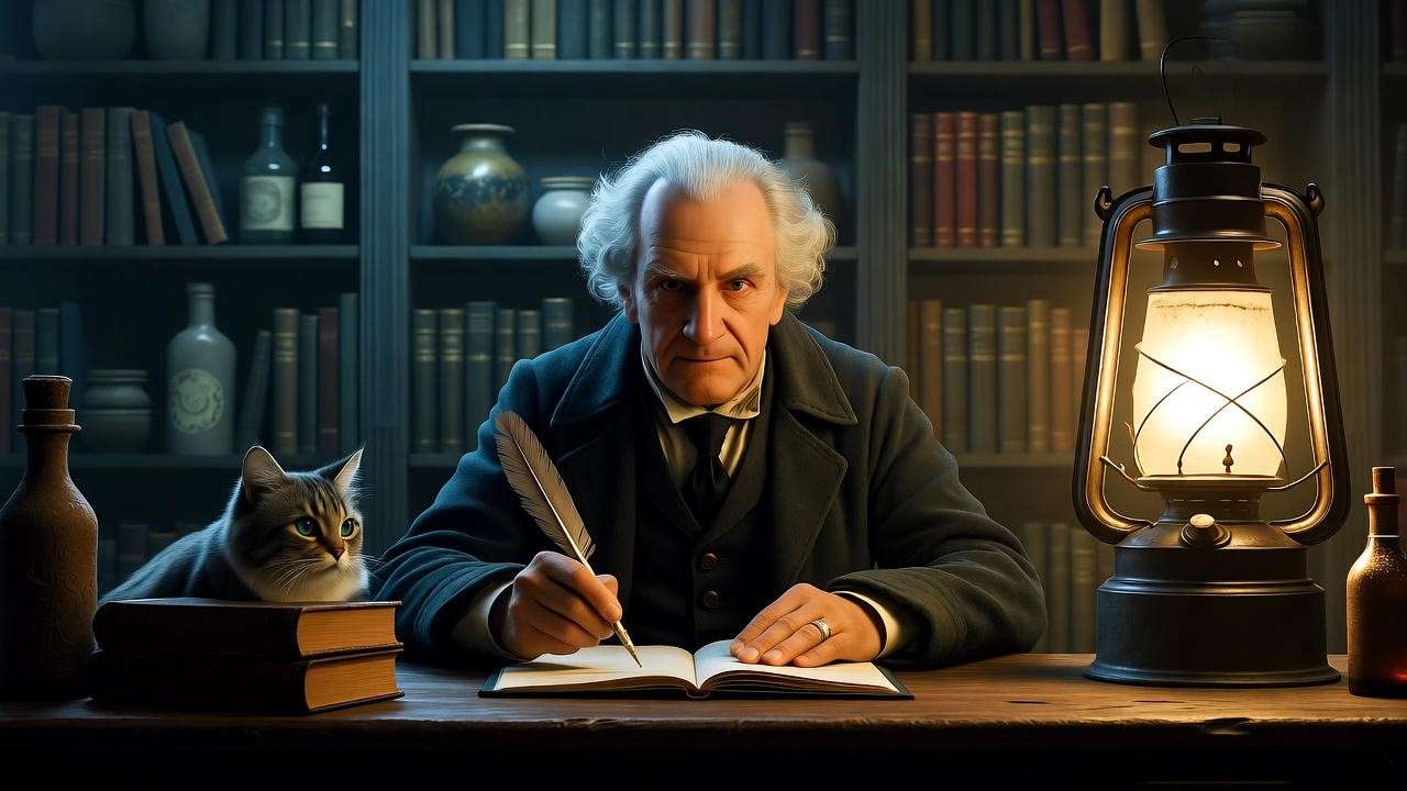 Argus Filch in his Hogwarts office with Mrs. Norris and dusty shelves.
