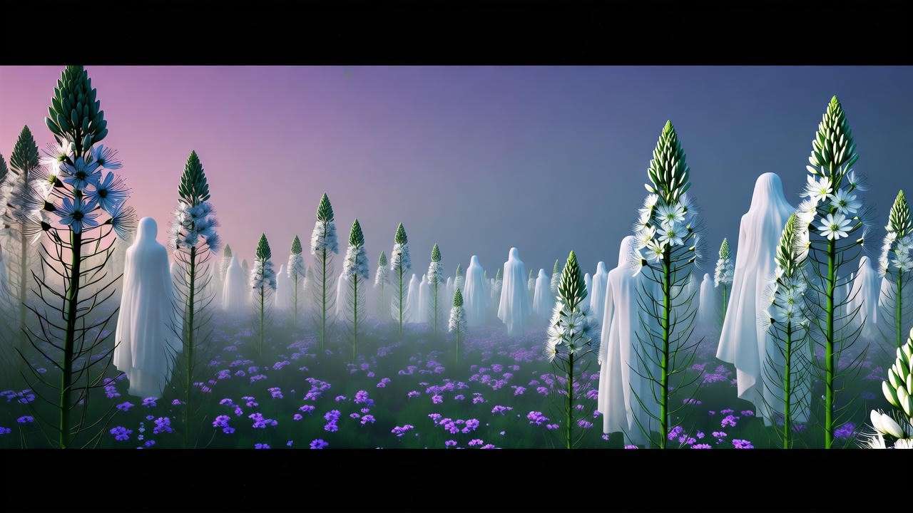 Mystical Asphodel Meadows with ghostly figures and white asphodel flowers under twilight sky