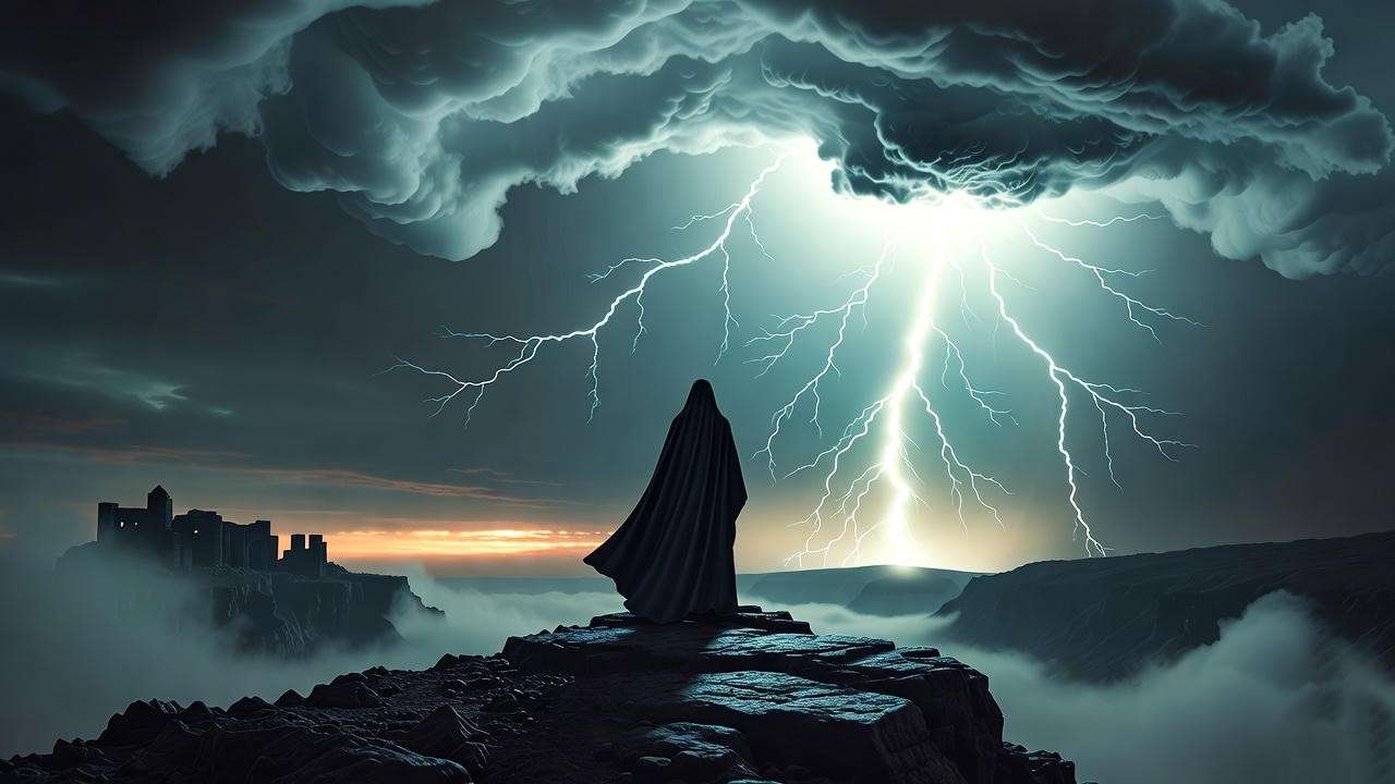 Dramatic scene of Harry Potter facing a stormy sky during the Ministry battle in Order of Phoenix chapters.
