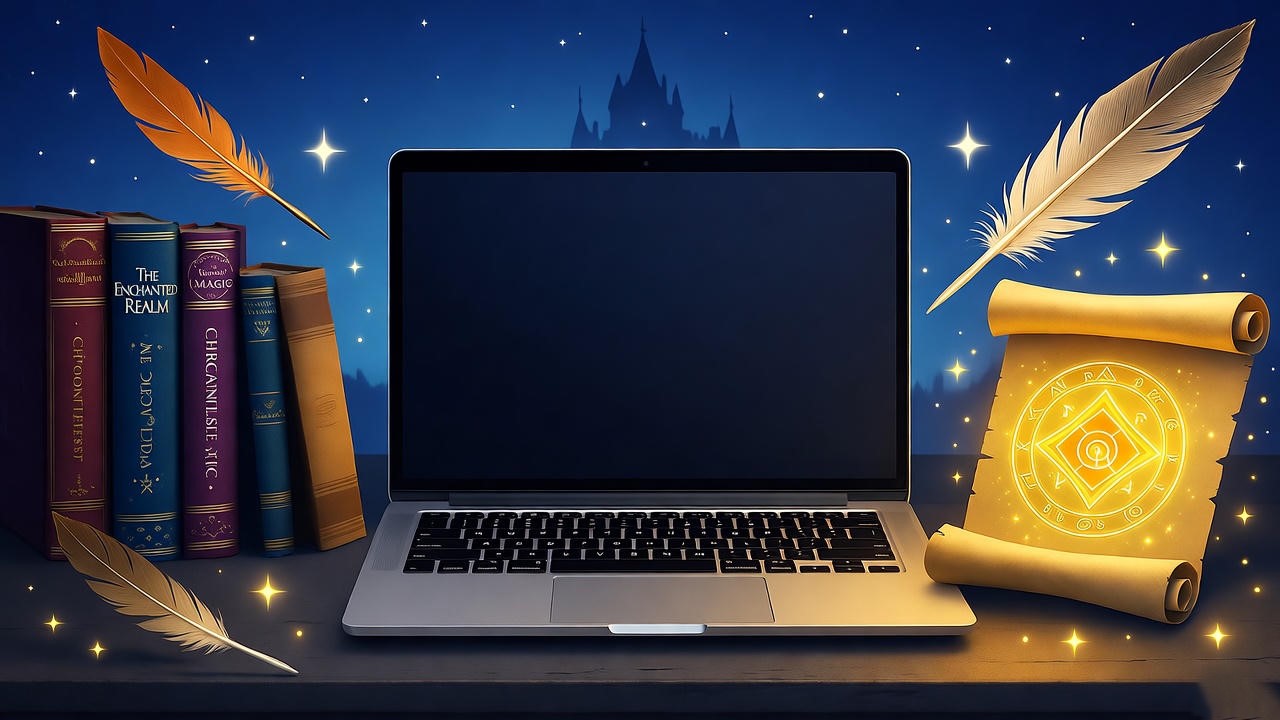 Magical workspace with laptop, books, and floating quills under starry sky