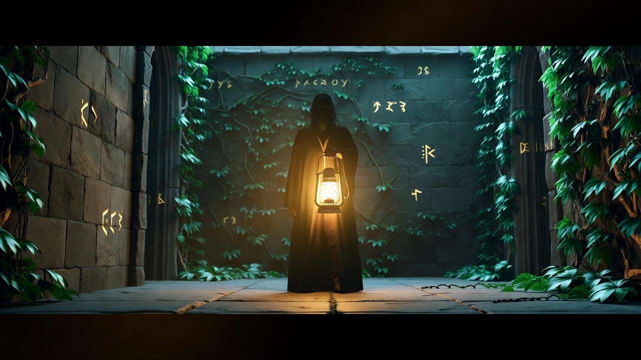 Ancient Hogwarts courtyard with shadowy caretaker and magical runes