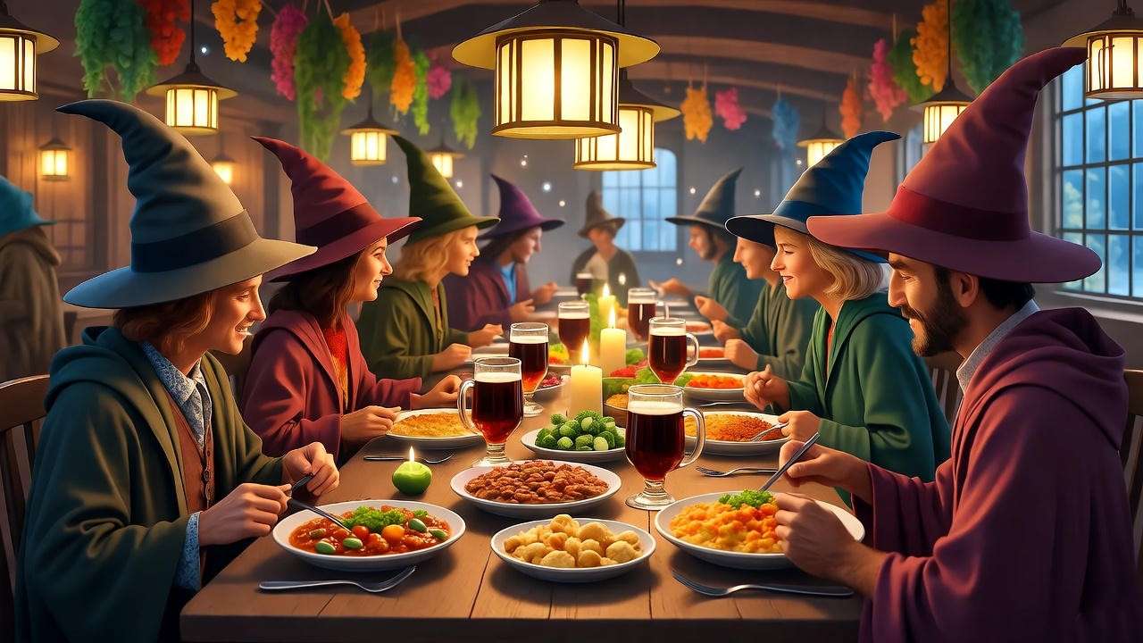 Dining at The Leaky Cauldron with goulash and Butterbeer.