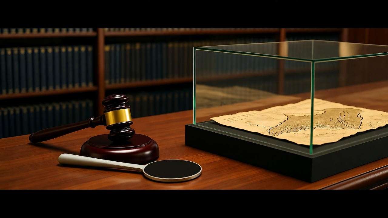 Auction room with gavel, bidding paddle, and Marauder’s Map in display case